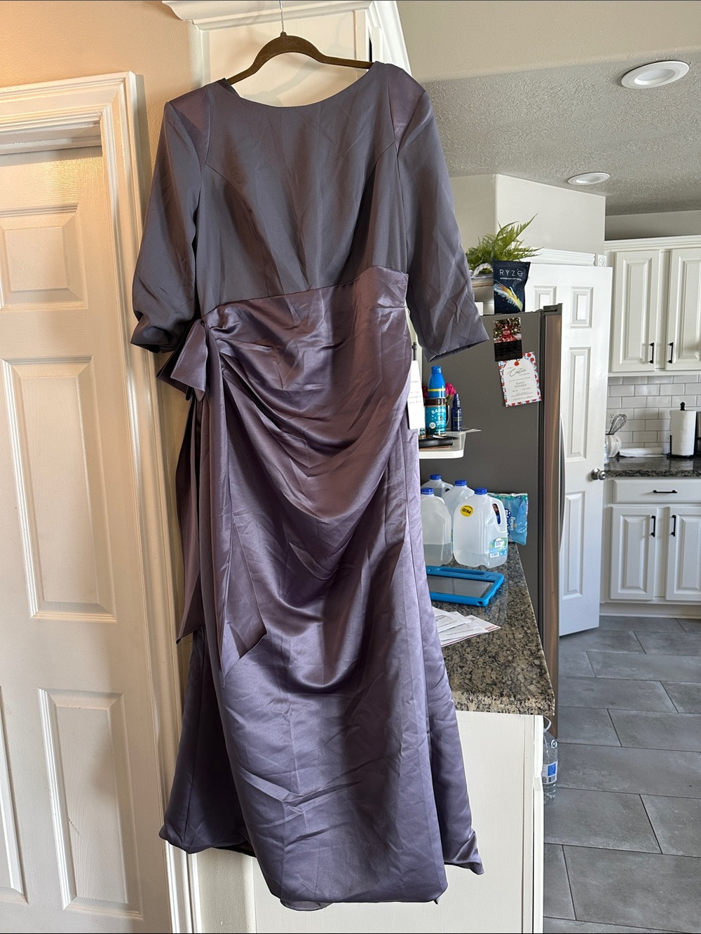 Lavender Long-Sleeve Satin-Effect Evening Dress